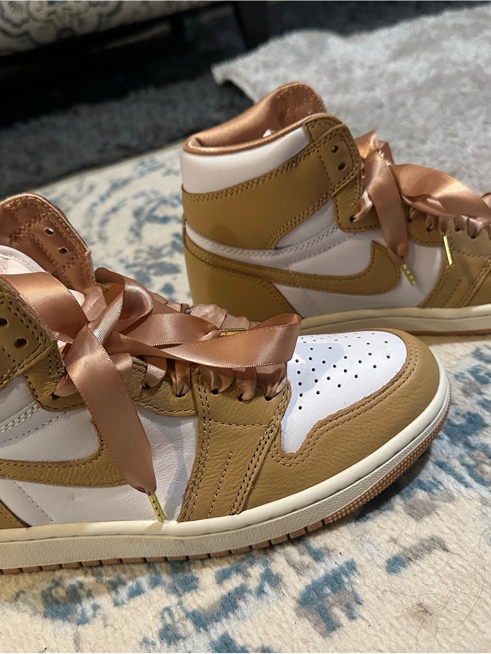 Women's Nike High-Top Sneakers in Tan and White with Satin Laces